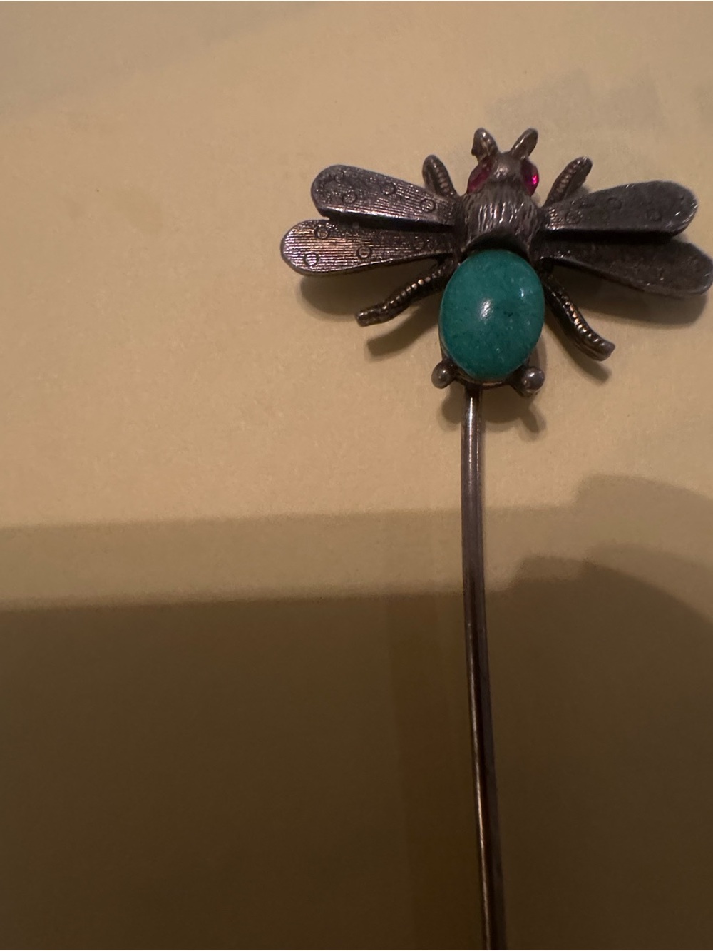 Silver Bee Hat Pin with Teal Stone and Pink Eyes